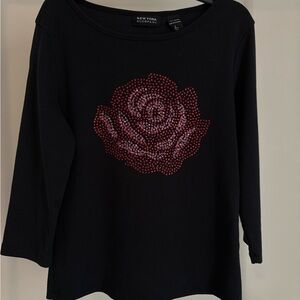New York & Company Black Long Sleeve with Red Floral Design